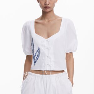 Blouse met geborduurde pofmouwen - WHITE - XS