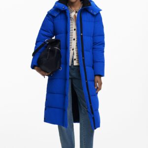 Lange gewatteerde jas met riem - BLUE - S