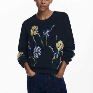 Jacquard trui met geborduurde bloemen - BLACK - XL