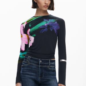 Lange mouwen bloemen T-shirt - BLACK - S
