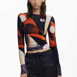 Bedrukte T-shirt met knopen - BLACK - M