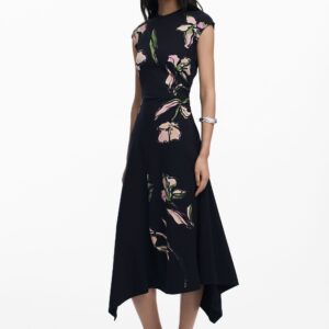 Asymmetrische bloemenjurk - BLACK - L
