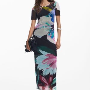 Nauwsluitende jurk met aquarel bloemen - BLACK - XS