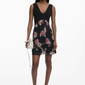 Korte jurk met bloemen in twee materialen - BLACK - M