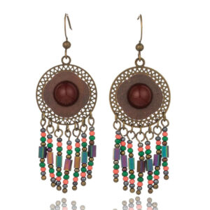 Bohemien oorhangers - Rond, bruine steen en kleurrijke kralen