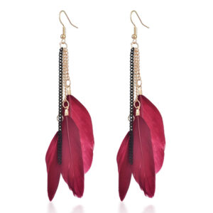 Deja Dames Oorbellen Ketting en 3 Veertjes - Rood