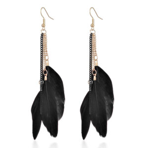 Deja Dames Oorbellen Ketting en 3 Veertjes - Zwart