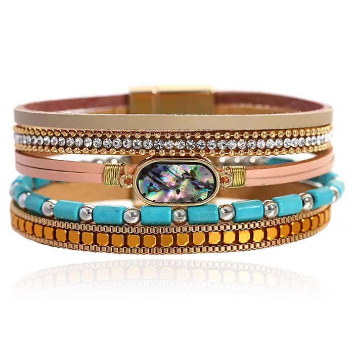 Deja Boho Armband goudkleurig met turquoise kralen en ovale natuursteen in bruin