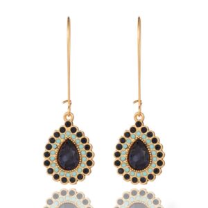 Deja Jewels Etnische Goudkleurige Oorbellen met Blauwe en Zwarte Stenen Druppelhangers