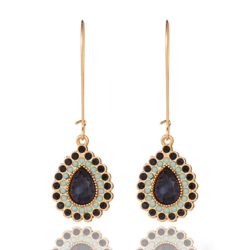 Deja Jewels Etnische Goudkleurige Oorbellen met Blauwe en Zwarte Stenen Druppelhangers