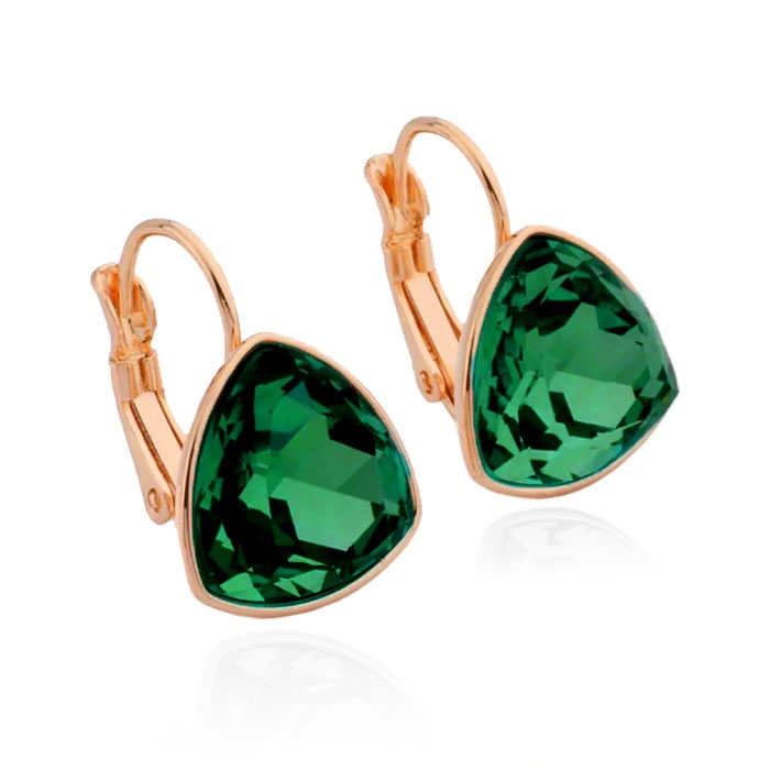 Deja Jewels Oorbellen met Hangers - Dames, Rosegoudkleurige Afwerking, Groene Bolle Driehoek Glassteen