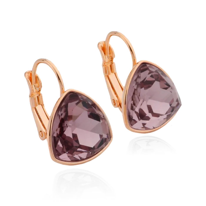 Deja Jewels Oorbellen met Hangers - Dames, Rosegoudkleurige Afwerking, Paarse Bolle Driehoek Glassteen