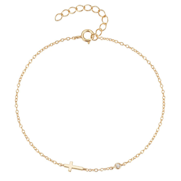 Elenza Goudkleurige 925 Sterling Zilveren Armband met Fijn Kruis en Zirkonia