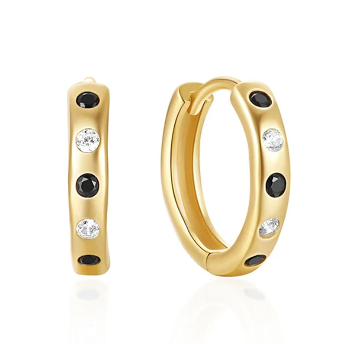 Elenza Goudkleurige Hoepel Oorbellen met Zwarte en Witte Kristallen