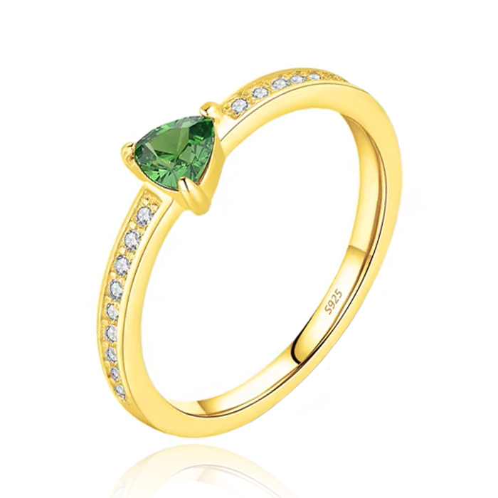 Elenza Zilveren Ring met Groene Driehoekige Steen en Zirkonia, Verguld met 18k Gouden Plating-16mm