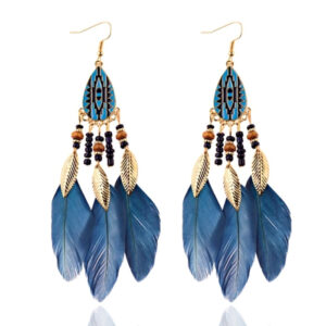 Etnische Oorbellen met Kralen en Veren van LGT JWLS - Blauw
