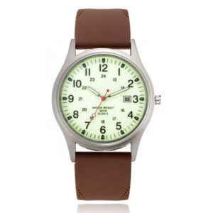 Glow-in-the-dark herenhorloge met bruine band - Waterdichte quartz uitvoering
