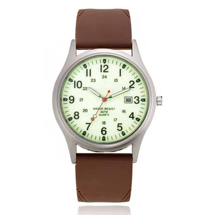 Glow-in-the-dark herenhorloge met bruine band - Waterdichte quartz uitvoering 1 Glow-in-the-dark herenhorloge met bruine band - Waterdichte quartz uitvoering