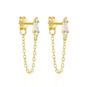 Goudkleurige Elenza Oorbellen met Ketting en Zirkonia - Luxe Dames Sieraad