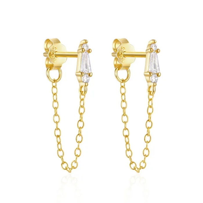 Goudkleurige Elenza Oorbellen met Ketting en Zirkonia - Luxe Dames Sieraad