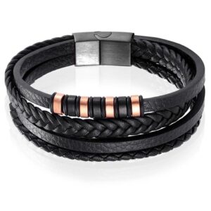 Leren heren armband Multi Mendes Edelstaal Zwart Rose-19cm