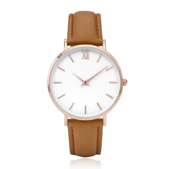 LGT JWLS Dameshorloge met Echt Leren Band - Metalen Behuizing in Roségoud, Kleur Band: Bruin