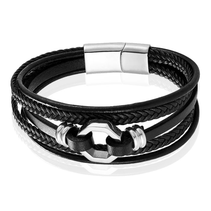 Mendes Jewelry Heren Armband van Roestvrijstaal en Echt Leder - Stijlvol Zwart met Zilveren Achtkant-23cm