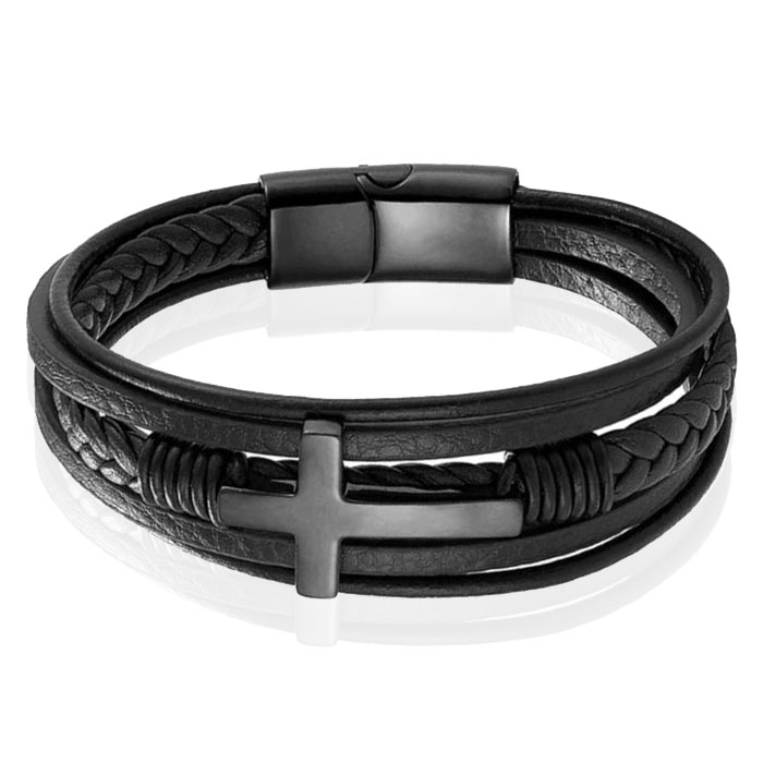 Mendes Jewelry Roestvrijstalen en Echt Lederen Heren Armband met Groot Kruis in Zwart -21cm