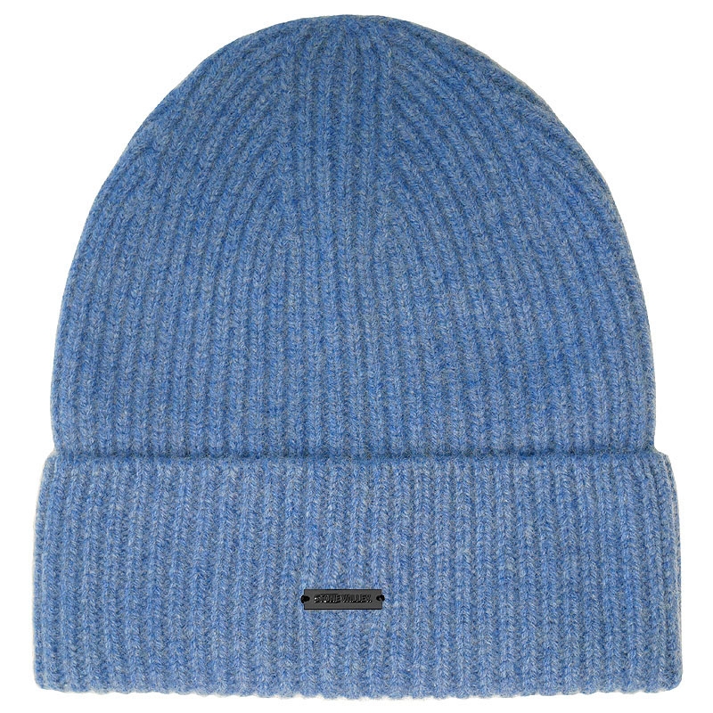 Stone Valley 100% Wol Blauw Geribbelde Muts met Zwart Metalen Logo