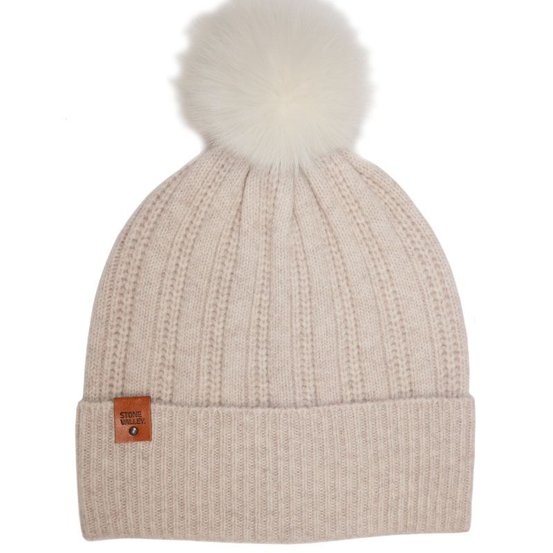 Stone Valley Merino wollen Muts in Beige met Pompon 1 Stone Valley Merino wollen Muts in Beige met Pompon