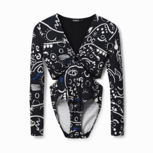 Body met cut-out en print van handmade tekeningen - BLACK - S