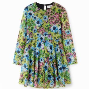 Tulen jurk met lange mouwen en bloemen - BLUE - 3/4