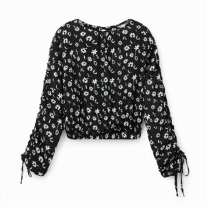 Korte aangerimpelde blouse met bloemen - BLUE - XL