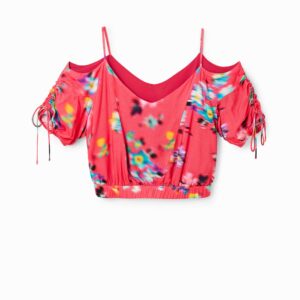 Korte aangerimpelde blouse met bloemen - RED - XL
