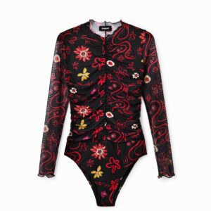 Aangerimpelde tulen body met bloemen - BLACK - M
