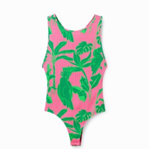 Tropische geribde body met schouderbandjes - RED - L