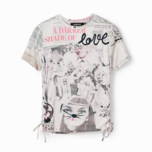 Slim fit T-shirt met plooitjes en krantenprint - WHITE - S