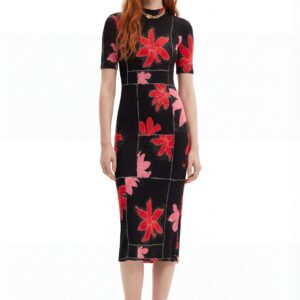 Geribde midi-jurk bloemen - RED - L