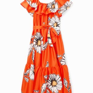 Midi-jurk ruches madeliefjes - ORANGE - M