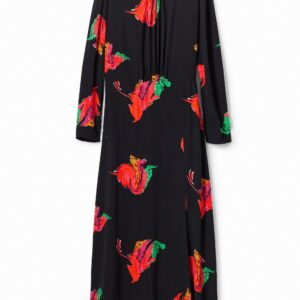 Lange jurk met split en bloemen - BLACK - L