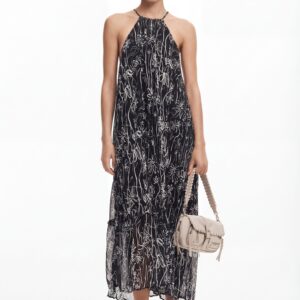 Halterjurk met bloemenillustraties - BLACK - S