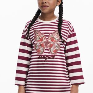 Gestreept T-shirt met vlinder en kralen - RED - 5/6