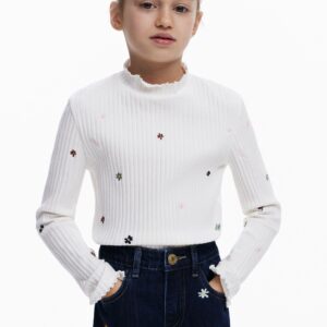 Geribd T-shirt met borduursels - WHITE - 13/14