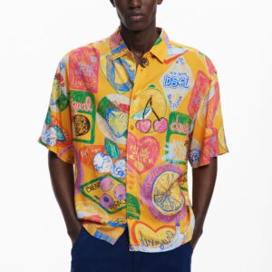 Kortemouw overhemd met fruitprint - ORANGE - XL