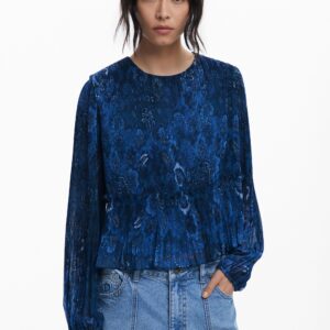 Plissé blouse met lange mouwen - BLUE - M