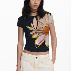 T-shirt met korte mouwen, bloem en opening - BLACK - M