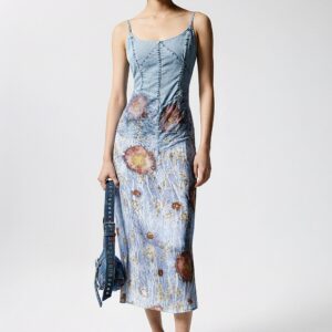 Mouwloos jurk van twee materialen - BLUE - S