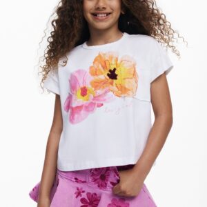 T-shirt met korte mouwen en geborduurde bloemen - WHITE - 3/4