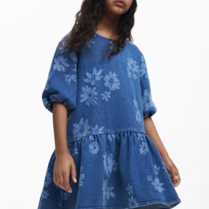 Denim jurk met bloemen - BLUE - 5/6