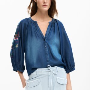 Blouse met geborduurde ballonmouwen - BLUE - XS